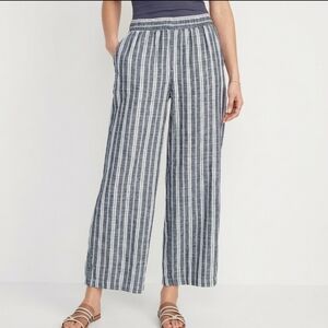 Old Navy Linen Cotton Wide Leg Pants Striped Pull-On Pockets Blue White Large
